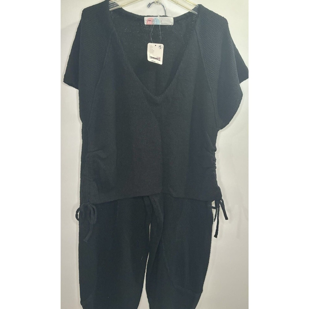 FP Beach V Neck Side Tie Sweater Knit Set Black Small Coastal Casual Lounge NWT